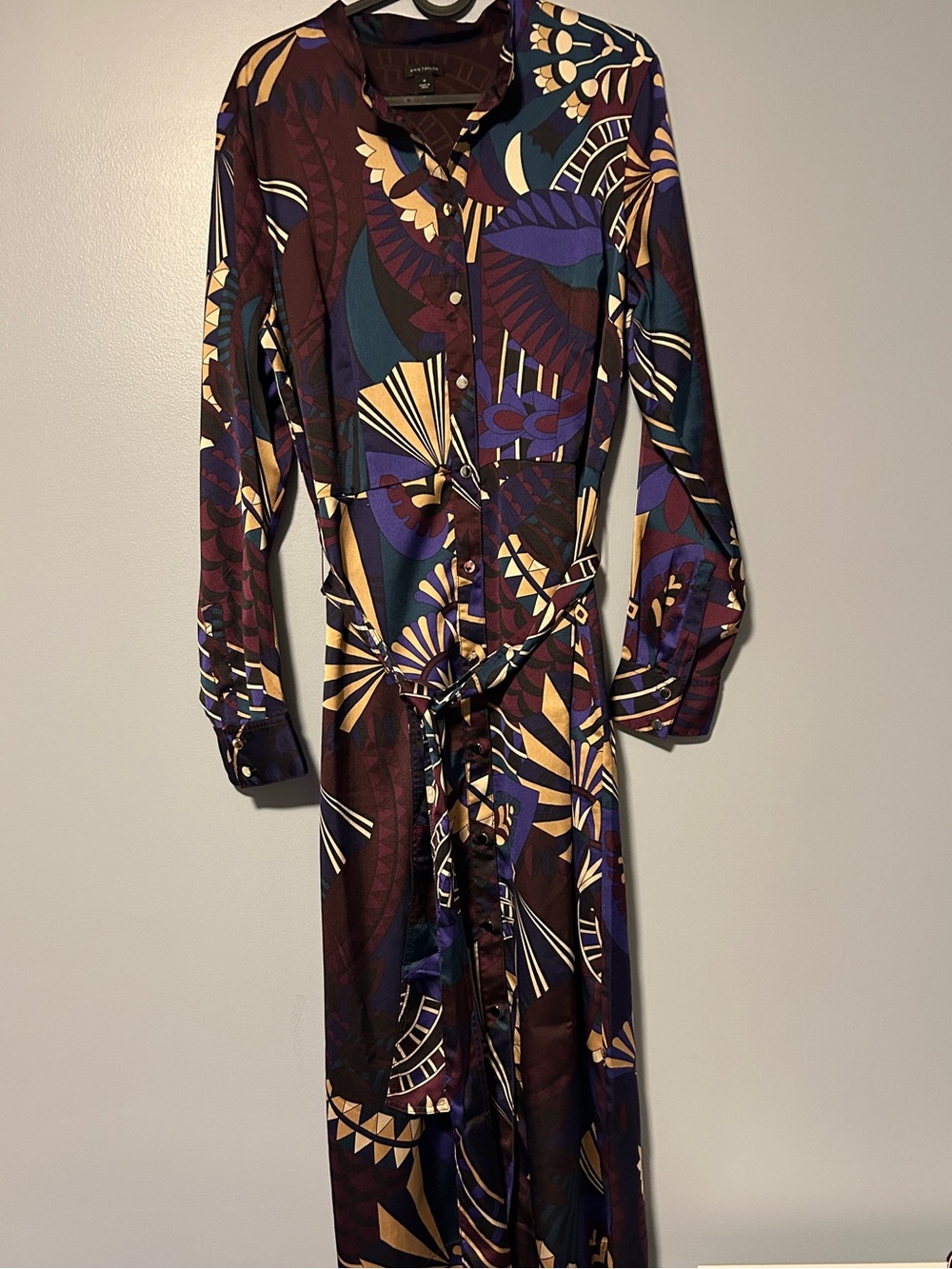 Ann Taylor Abstract Floral Button-Front Maxi Dress in Purple, Navy, Cream 10